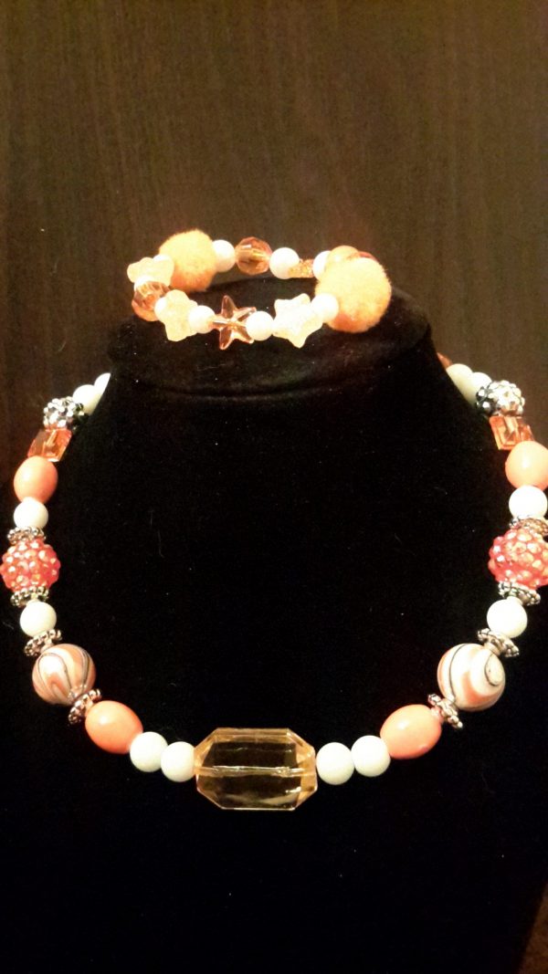 Orange And White Beaded Necklace Set