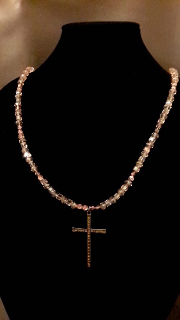 Peach And Bronze Chandelier Cross Necklace