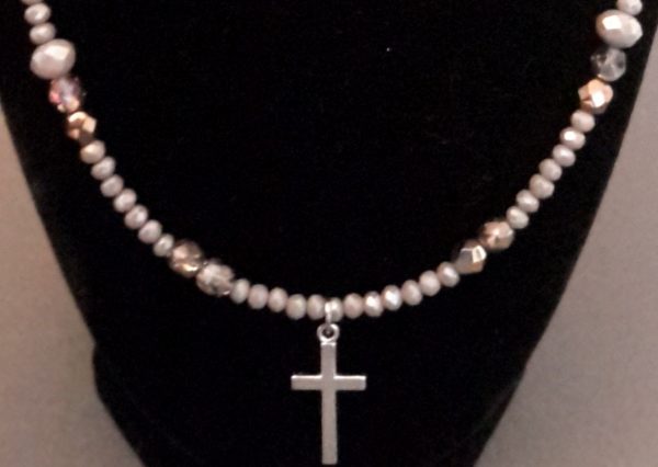 Grey And Silver Beaded Cross Necklace Set